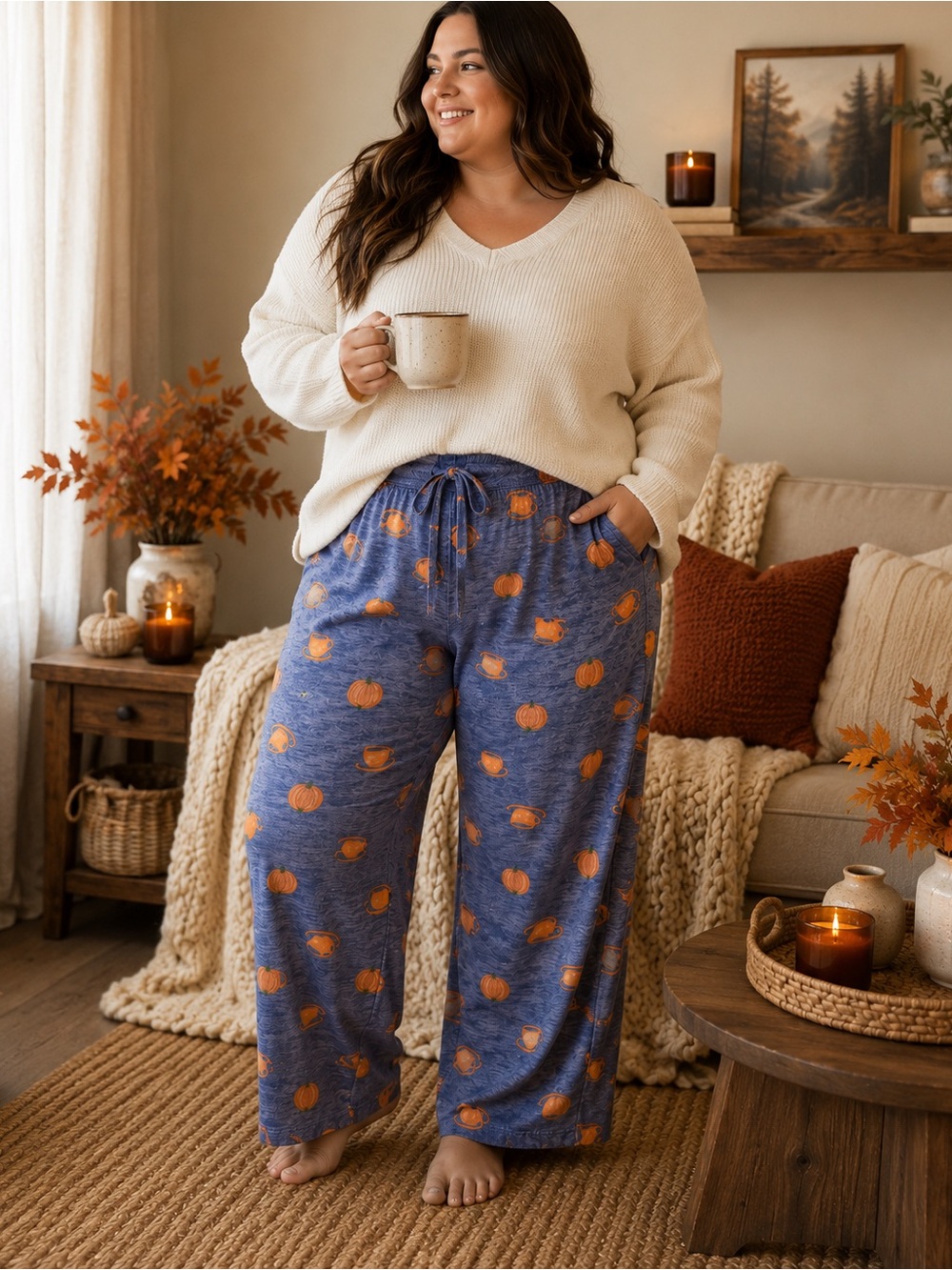 Sonoma XL Pumpkin Coffee Mug Pajama Lounge Pants Blue Fall Halloween Cozy Soft